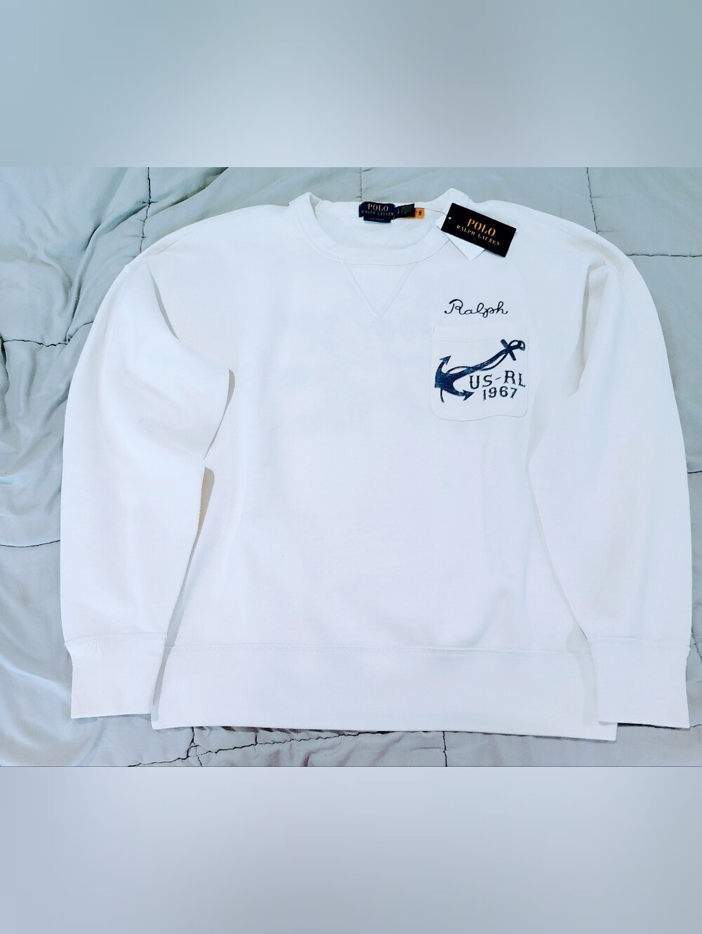 Polo Ralph Lauren White Crewneck Sweatshirt Navy Anchor Pocket Size Large NWT